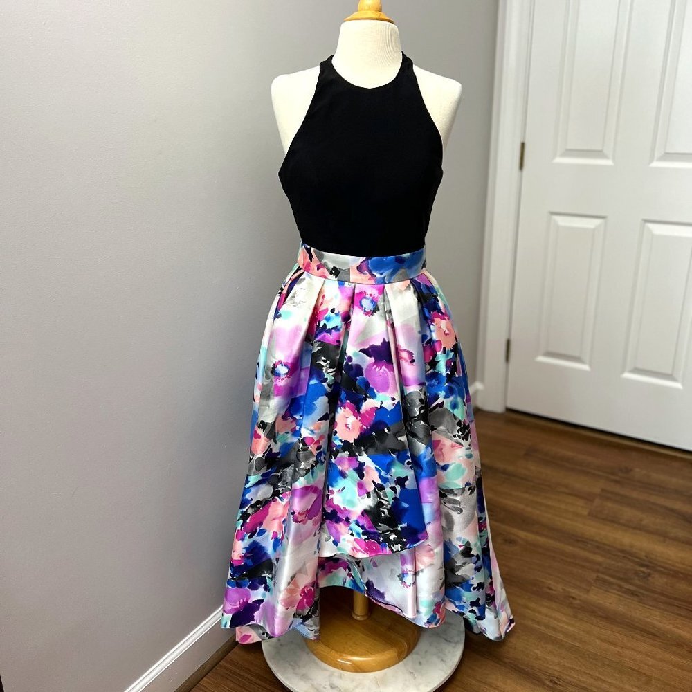 Camille La Vie Floral Print Hi-Low Skirt Halter Gown Sz 2